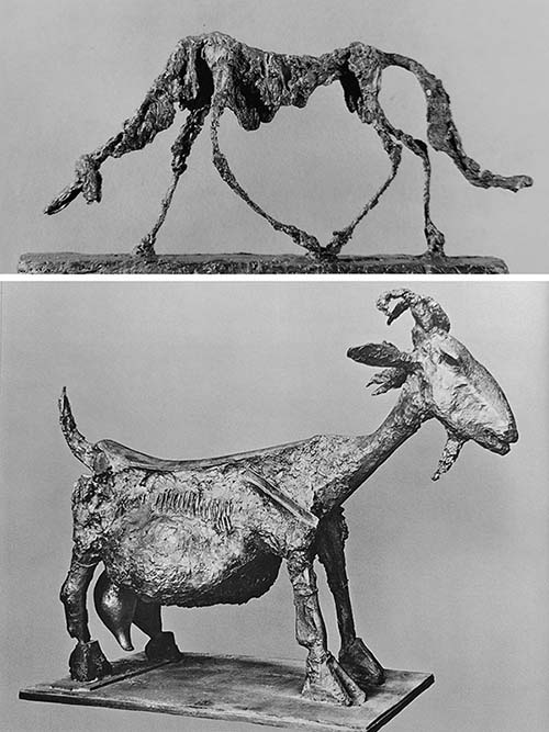 “Cabra” de Pablo Picasso- 1950 – bronze 121x73x140 cm. “O Cão” de Alberto Giacometti – 1951- bronze 45x98x15cm.