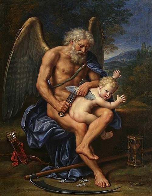"O Tempo (Cronos) cortando as asas do Amor (Eros)"- Pierre Mignard - 1694 óleo - 66x51cm - Museu de Arte de Denver - Colorado.