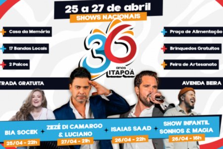 Itapoá comemora 36 anos entre os dias 25 a 27 de abril; veja a programação