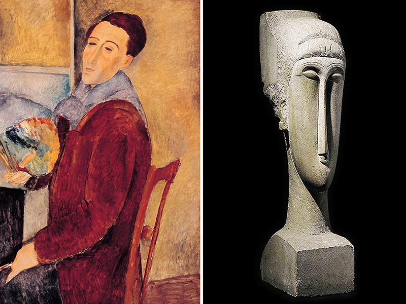 "Auto retrato" Amadeo Modigliani -1919 - óleo sobre tela-100x65cm - MAC USP- São Paulo. :"Cabeça de Mulher" Amadeo Modigliani - 1912 - calcário - 68,6x23,5x24,8cm - Museu Metropolitano de Arte -NY.