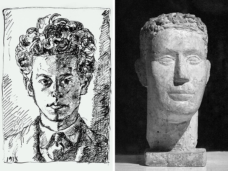 "Auto retrato" Alberto Giacometti -1918 -bico de pena - 36,6x25.8cm - Basel. "Auto retrato"Alberto Giacometti - 1925 - gesso -41x22x28cm - coleção particular.