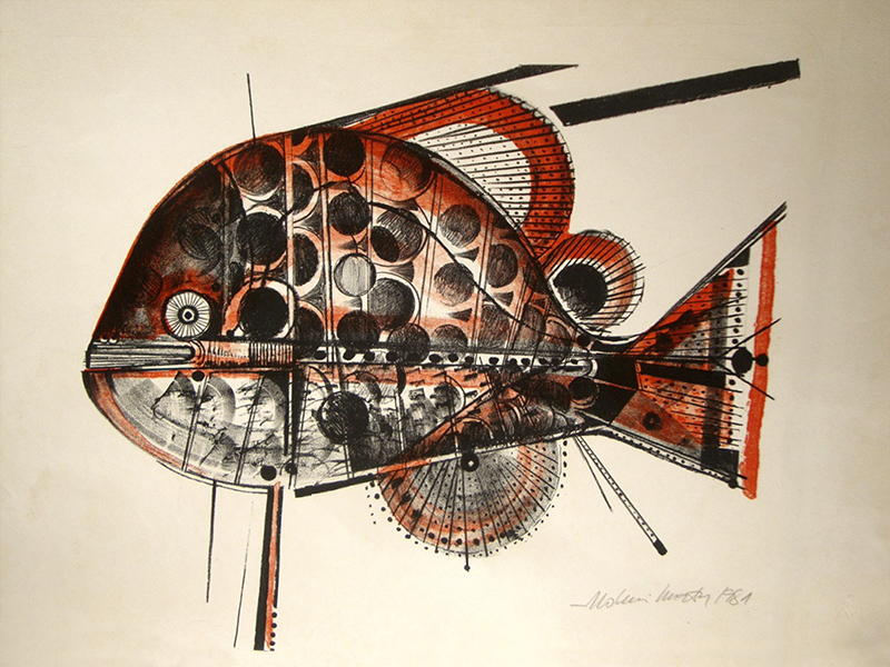 (Ilustração de abertura: ALDEMIR MARTINS, peixe, gravura P/A, datado de 1981, sem moldura, assinada pelo artista.)