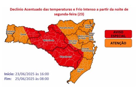 Defesa de Santa Catarina emite alerta vermelho para o frio intenso até esta quarta (25)