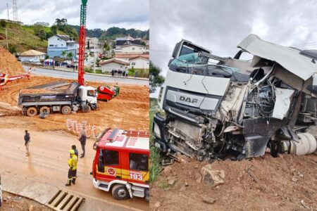 Colisão entre caminhões mobiliza bombeiros na BR-282, em Rancho Queimado (SC)