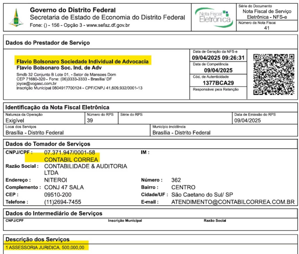 Nota fiscal do escritório de advocacia de Flávio Bolsonaro referente a serviços prestados a uma empresa de Rogério Lourenço Novo Foto: Reprodução